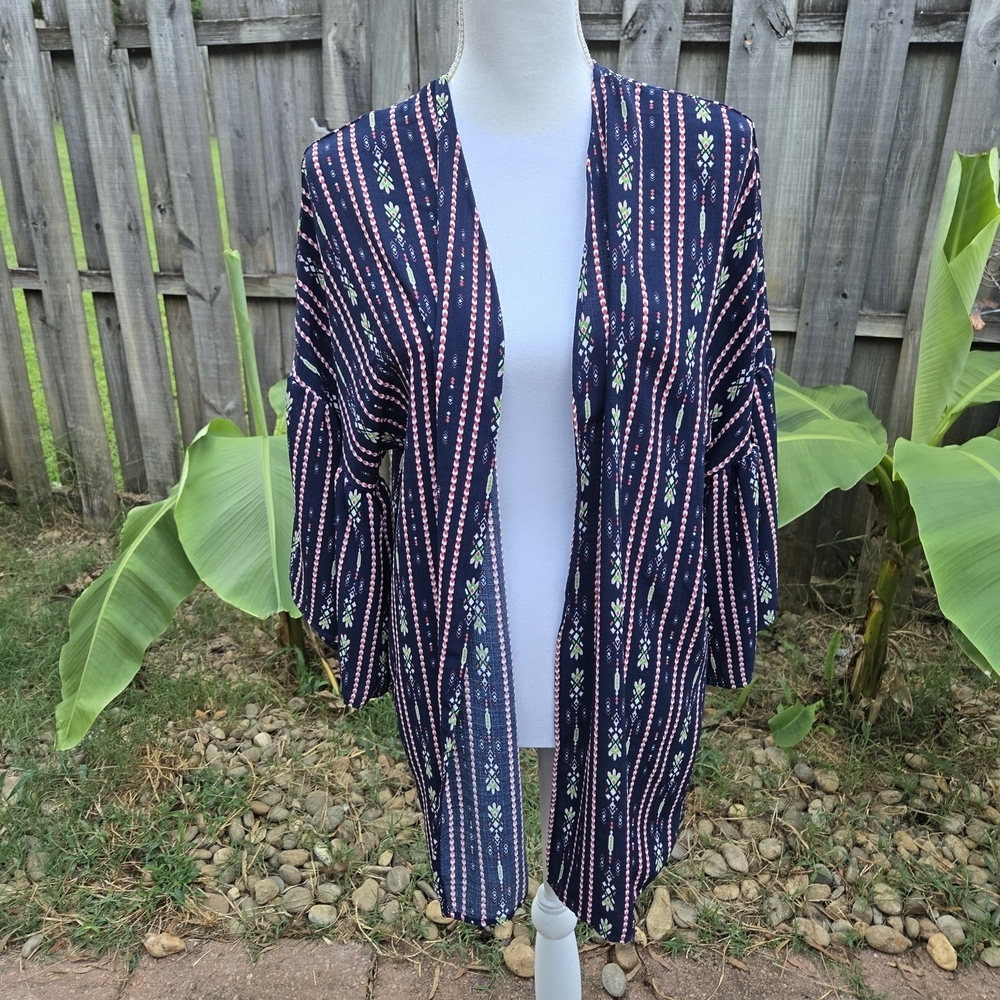 Medium Women Kimono Cardigan Ruffle Bell Sleeves Boho Sheer Aztec Tribal Print